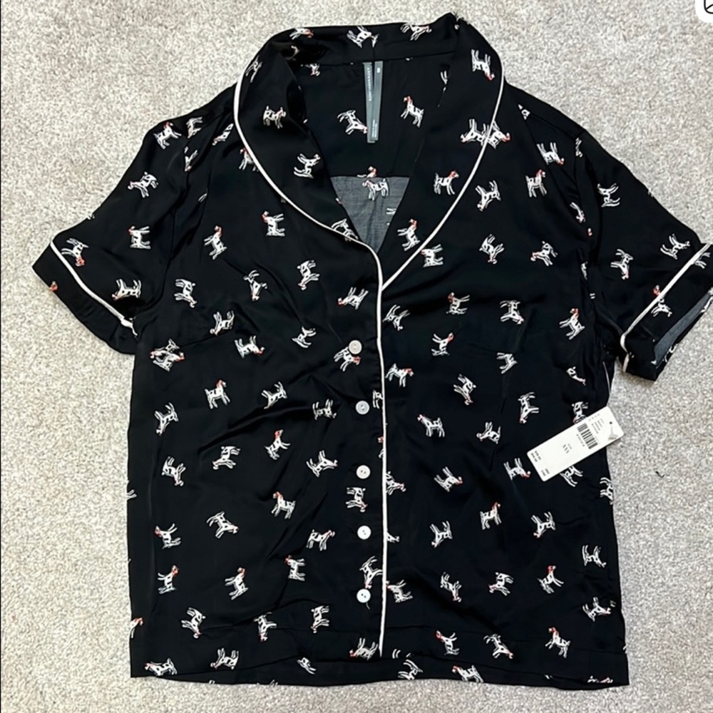Anthropologie silky patterned Pajama‎ Top dog Black Medium New With Tags